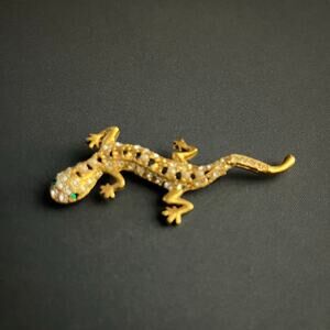 Gold Tone Gecko Lizard Brooch Rhinestone Greeb Eyes Animal Pin Statement‎ 2.75"